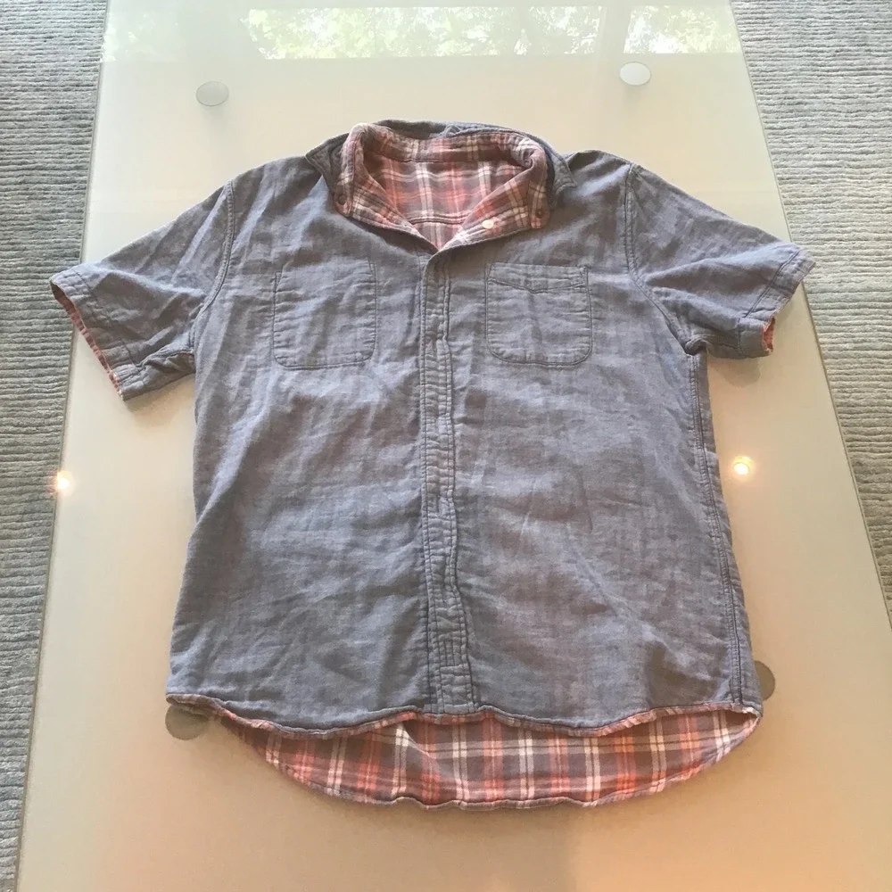 Faherty Brand Reversible Short Sleeve Plaid Chambray Button Down Shirt Red L